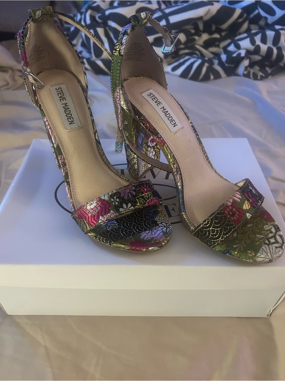 Steve Madden Metallic Floral Embroidered Ankle-Strap Heels
